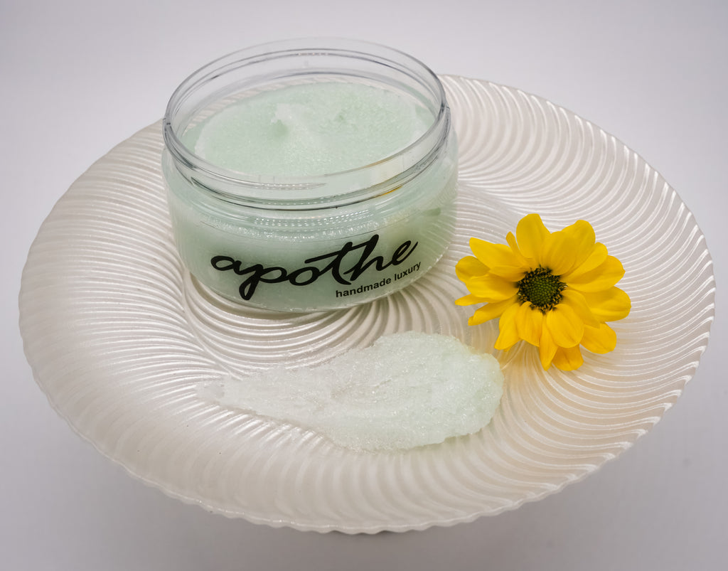 Fine sugar scrub made with all natural butters and oils. This opulent skin polish transforms into a rich, luxurious lather upon contact with water, eliminating the need for traditional soap.