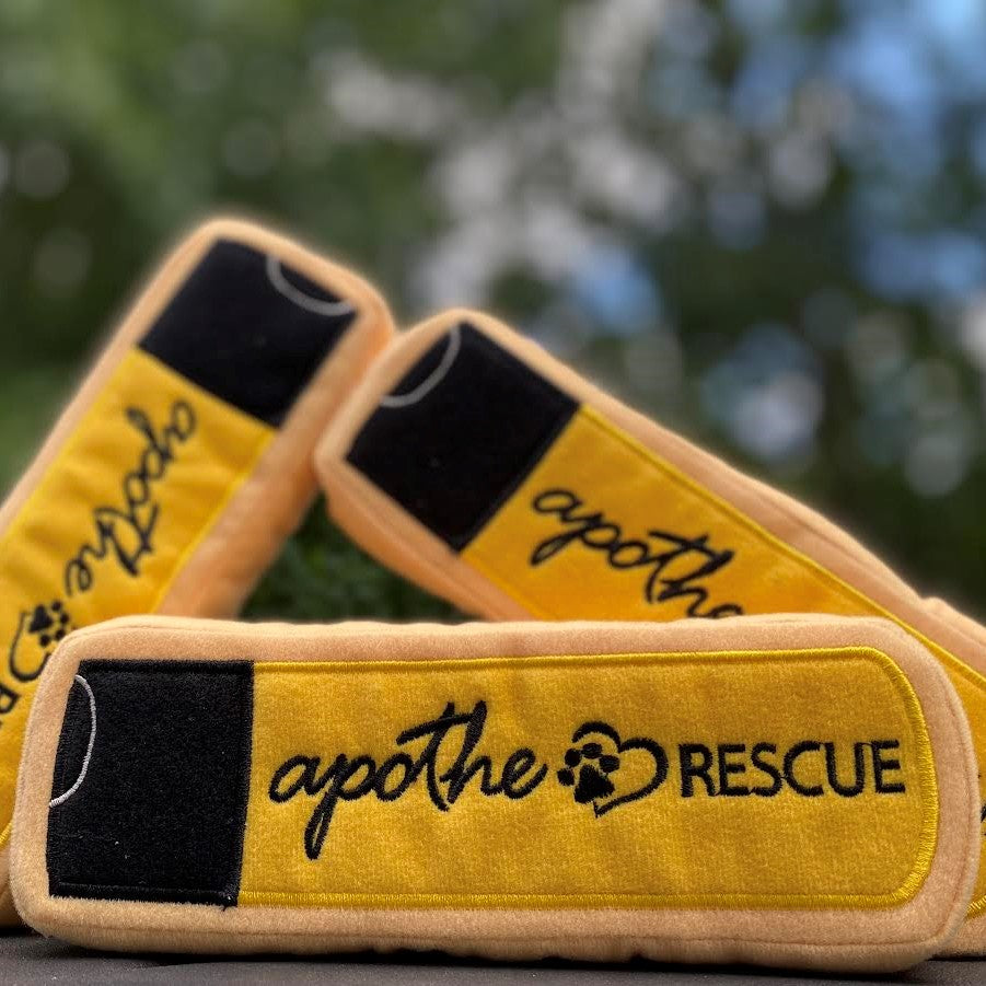 Our super durable 7"x3" light-weight dog toy can withstand 55lbs of pull pressure! Machine washable and perfect for indoor or outdoor play, it is equipped with a squeaker and loved by dogs of any shape and size.  Our awesome toy is made in the shape of our Apothe Bath Oil and we just LOVE IT!