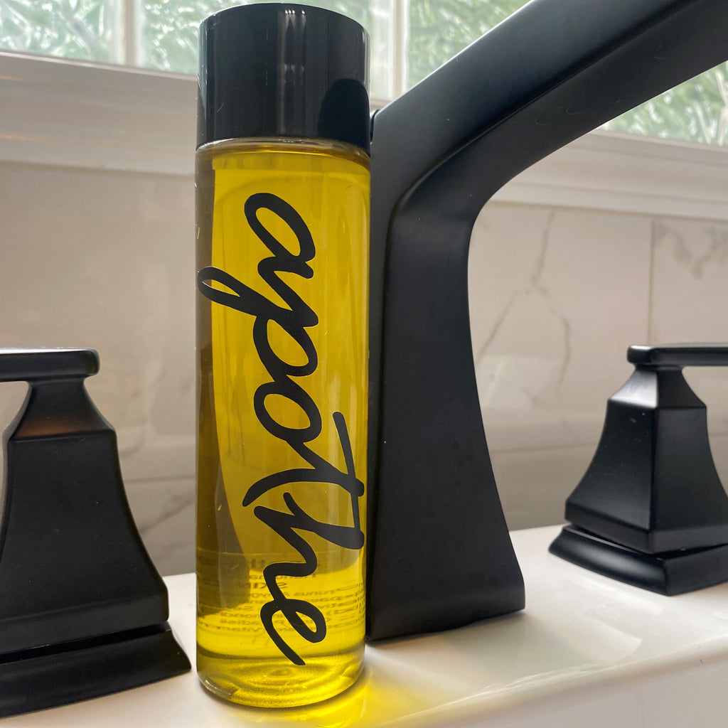 We also offer our luxurious body oil in all natural unscented.   Available in 8oz spray bottle for the shower and 8oz squirt bottle for bath.  Our oil is absolutely wonderful for shaving, including sensitive areas! Will not dull your razor.  Don’t be without our Whipped Body Butter and luxurious Skin Polish to complete your Apothe body care regimen.