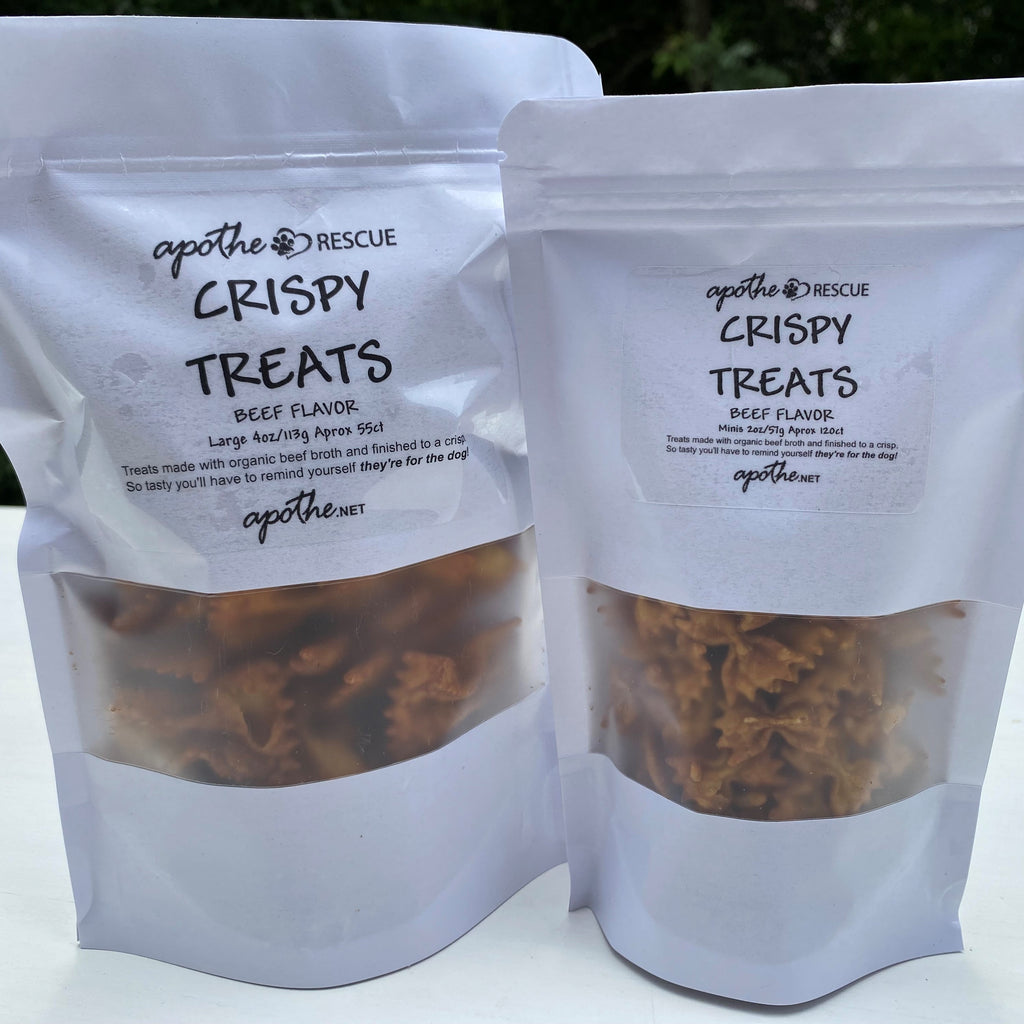 Made in very small batches, these natural beef and chicken elegant bowtie treats are a luxury. Crispy Treats are made with organic beef or chicken bone broth, finished to a crisp and lightly seasoned.  These treats are light, super crispy and tasty. As a matter of fact, don't get yourself hooked on them...myself and my three dogs love them!!  Choose from Beef or Chicken Flavors!