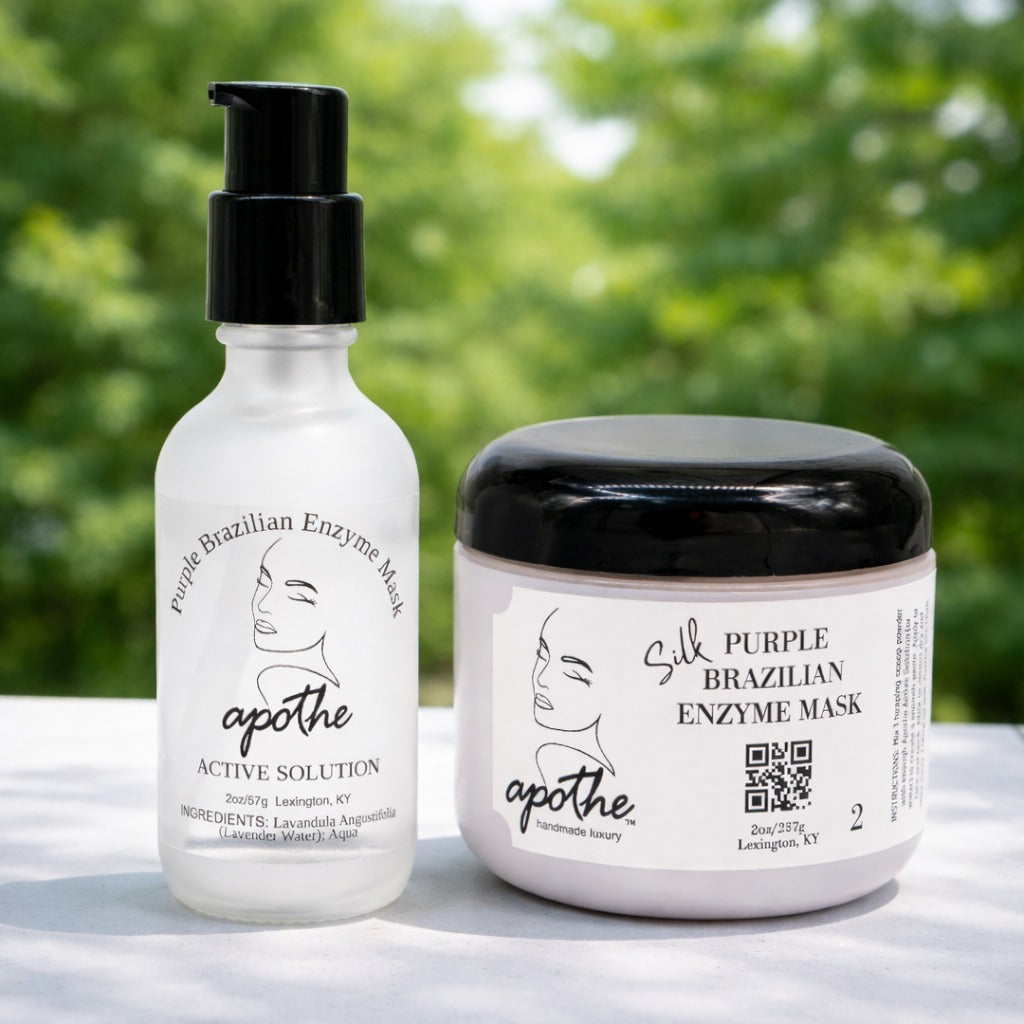 Apothe Purple Brazilian Enzyme Mask set which includes a glass bottle of Lavender Water and a jar of clay powder.