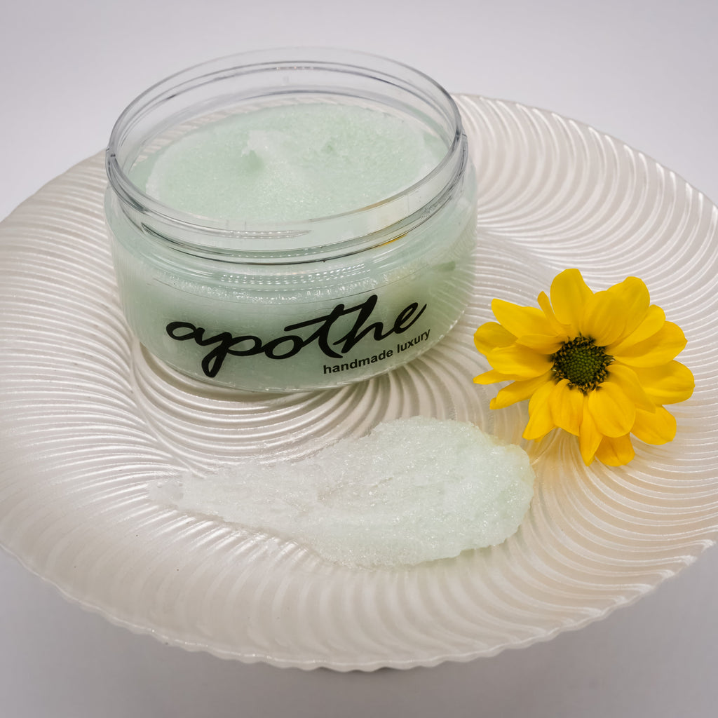 Fine sugar scrub made with all natural butters and oils. This opulent skin polish transforms into a rich, luxurious lather upon contact with water, eliminating the need for traditional soap.