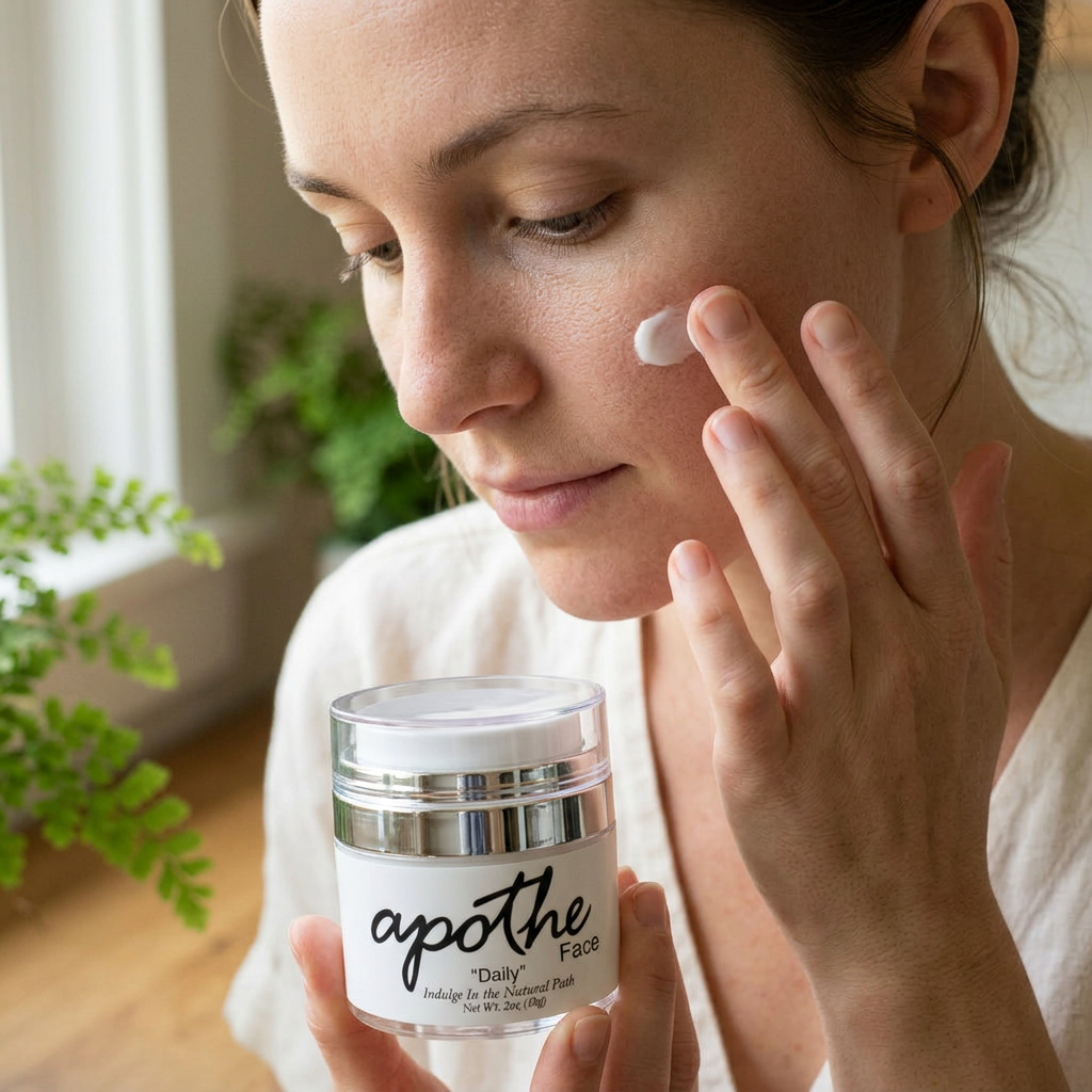 New lifestyle photo of a woman looking down while applying Daily Face Moisturizer, featuring a silver-banded jar