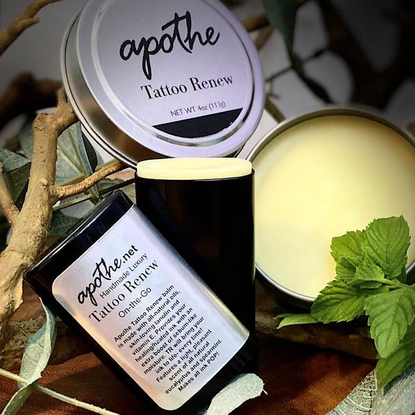 Apothe Tattoo Renew balm is made with all natural oils and skin-loving emollients Lanolin and Vitamin E to provide your healing or healed ink with that extra boost of sebum-like moisture. Tattoo Renew will bring your ink to life- every time! TR features a light, pleasant scent and showcases the antibacterial, anti-inflammatory and restorative benefits of all-natural eucalyptus and spearmint essential oils.