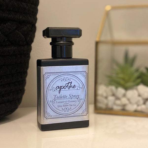 Who wants something on the back of the toilet that says "Poo" on it? Enjoy our Toilette Spray featuring all-natural Rosemary and Lavender essential oils housed in an elegant glass matte black décor fine mist spray bottle for tasteful display in your restrooms.